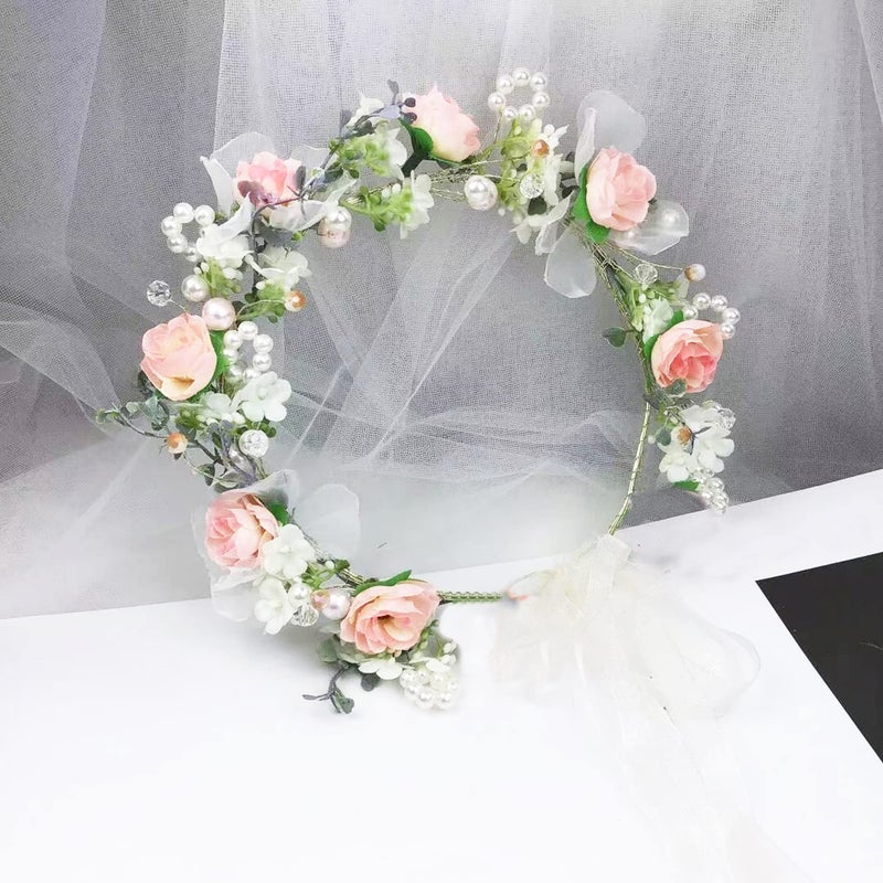 Vivivalue Floral Halo Boho Flower Headband Floral Crown Headpiece Hair Wreath with Ribbon Wedding Party Prom Photos Festival Pink - Image 3